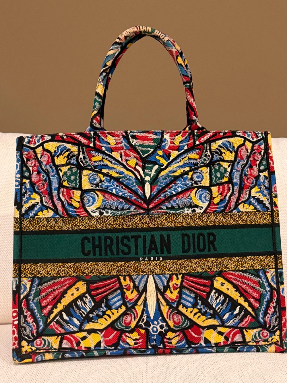 Dior Multicolor Embroidered Canvas Tote with Green Dior Stripe